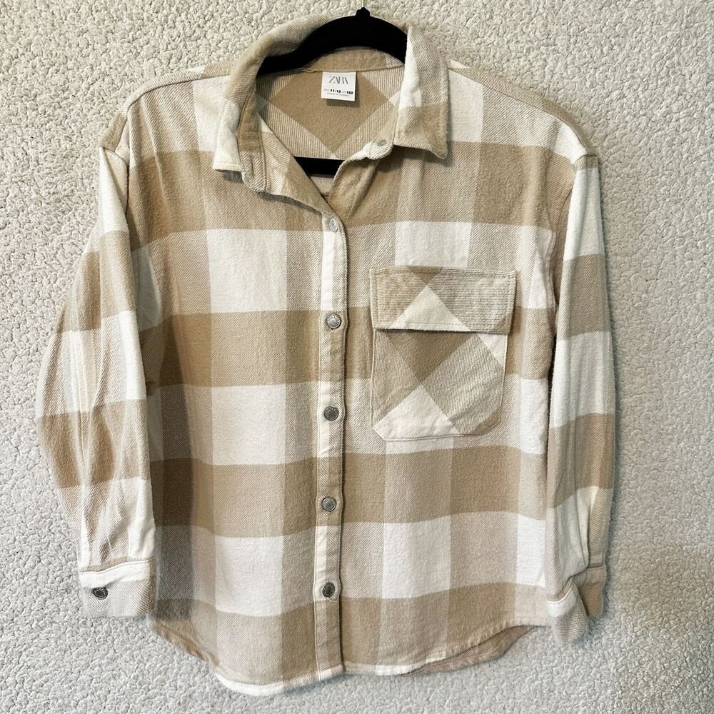 Zara Plaid 100% Cotton SHACKET Jacket Size Youth KIDS 11-12 Beige/Ivory Plaid - Picture 8 of 13